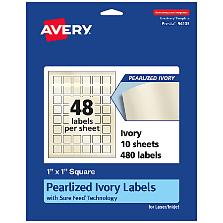 Avery® Pearlized Permanent Labels With Sure Feed®, 94103-PIP10, Square, 1" x 1", Ivory, Pack Of 480 Labels