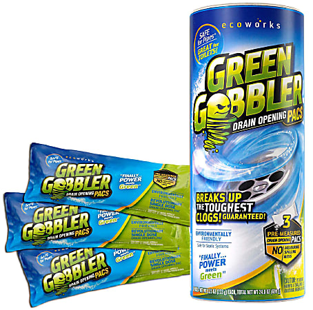 Green Gobbler Drain Opening Pacs, Unscented, 8.25 Oz Packet, 3 Packets Per Canister, Case Of 3 Canisters