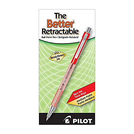 Pilot® Better™ Retractable Ballpoint Pens, Medium Point, 1.0 mm, Crystal Barrel, Red Ink, Pack Of 12