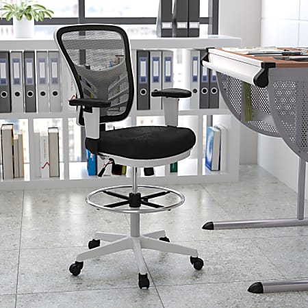 Flash Furniture Mid-Back Mesh Ergonomic Drafting Chair with Adjustable Chrome Foot Ring, Adjustable Arms, Black/White
