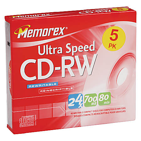 Memorex® Ultra Speed CD-RW Media With Slim Jewel Cases, 700MB/80 Minutes, 16x-24x, Pack Of 5