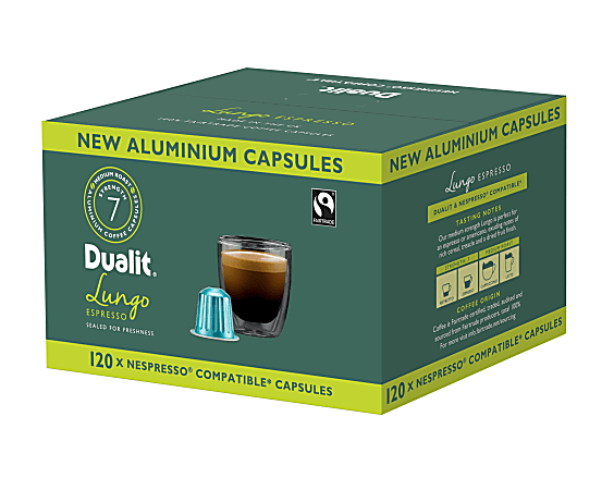 Dualit And Nespresso® Compatible Aluminum Coffee NX Freshpacks, Lungo Americano Espresso, Carton Of 120 Capsules