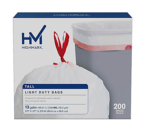 Highmark Tall 0.6 mil Drawstring Kitchen Trash Bags 13 Gallon 27.375 x 24  White Box Of 200 - Office Depot