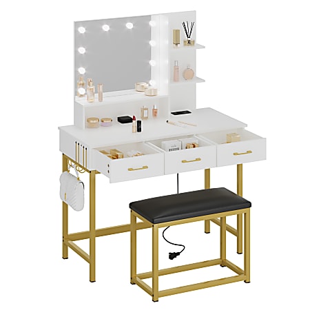 Bestier Vanity Desk Set With Cushioned Stool, 53-7/16”H x 39-3/8”W x 18-5/16”D, White/Gold