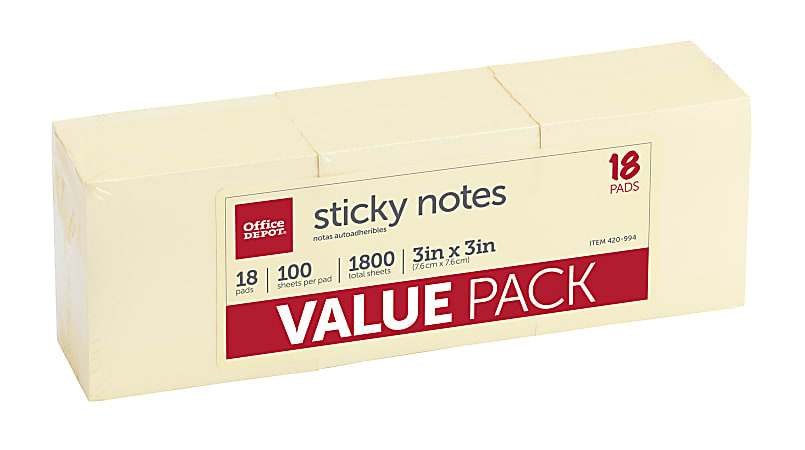 Office Depot Brand Sticky Notes Value Pack 3 x 3 Yellow 100 Sheets Per Pad  Pack Of 18 Pads - Office Depot