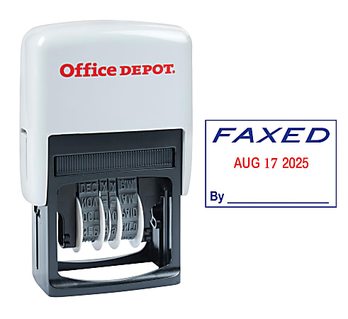 Office Depot® Brand Date Faxed Dater Stamp Self-Inking with Extra Pad Date Faxed Dater Stamp, 1" x 1-3/4" Impression, Red and Blue Ink
