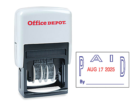 Office Depot® Brand Date Paid Dater Stamp Self-Inking with Extra Pad Date Paid Dater  Stamp, 1" x 1-3/4" Impression, Red and Blue Ink
