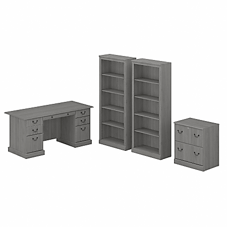 Bush Business Furniture Saratoga 66"W Executive Computer Desk With File Cabinet And 5-Shelf Bookcase Set, Modern Gray, Standard Delivery