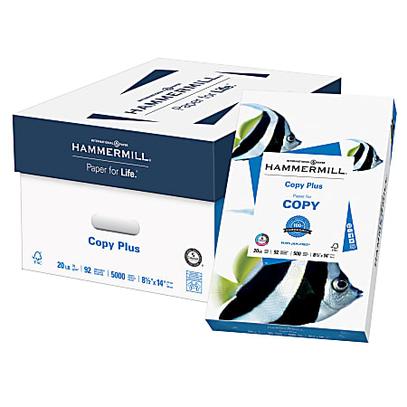 Hammermill® Multi-Use Printer & Copy Paper, White, Legal (8.5" x 14"), 5000 Sheets Per Case, 20 Lb, 92 Brightness, Case Of 10 Reams