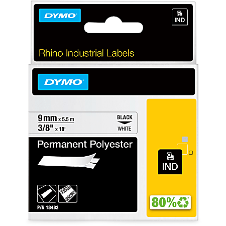 DYMO® Rhino Permanent Poly Labels, DYM18482, Permanent Adhesive, 3/8"W x 18'L, Direct Thermal, White, Polyester