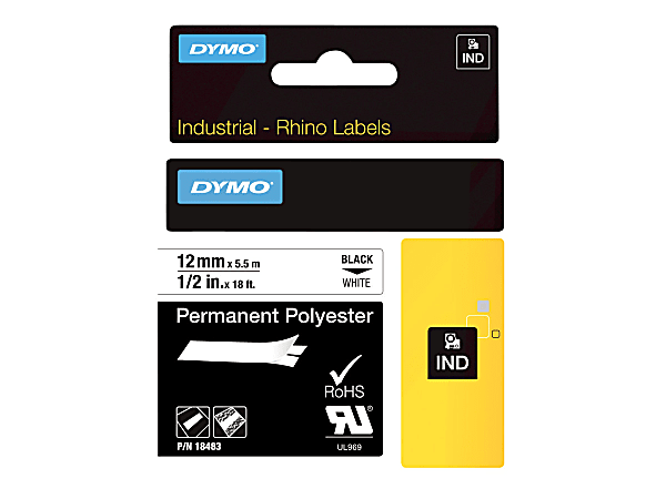 DYMO® Rhino 18483 Polyester Industrial Black-On-White Label Tape, 0.5" x 18'