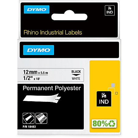 DYMO® Rhino 18483 Polyester Industrial Black-On-White Label Tape,