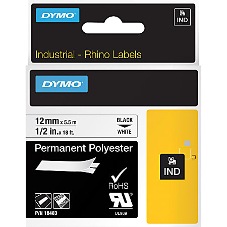 DYMO® Rhino 18483 Polyester Industrial Black-On-White Label Tape, 0.5