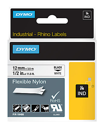 DYMO® Rhino 18488 Black-On-White Tape, 0.5" x 11.5'