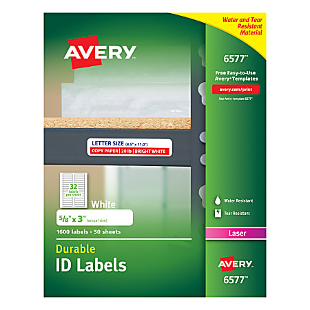 Avery® Permanent Durable ID Labels With TrueBlock®, 6577, 5/8" x 3", White, Pack Of 1,600