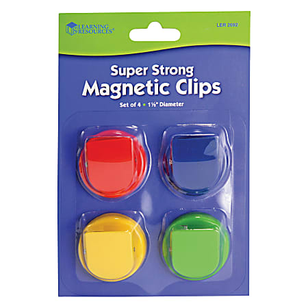 Learning Resources Super Strong Magnetic Clips Set - 1.5" Diameter - 50 Sheet Capacity - for Whiteboard, Folder - 4 / Pack - Assorted