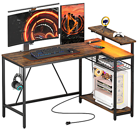 Bestier L-Shaped Gaming Computer Desk With Power Outlet, LED Lights & Headset Hooks, 53"W, Rustic Brown