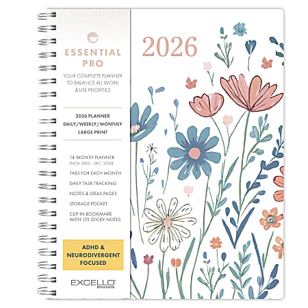 2026 Excello Brands Essential PRO Daily/Weekly/Monthly Planner, 8.5" x 11", Colorful Botanicals November 2025 - December 2026, (ESPRO-CY26-8511-30)