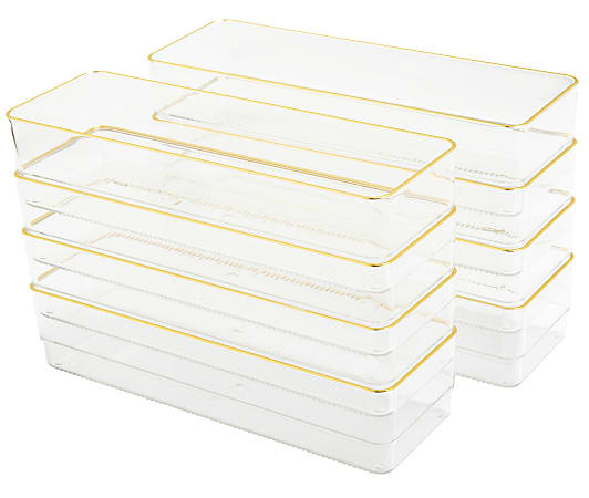 Martha Stewart Kerry Plastic Stackable Office Desk Drawer Organizers, 2"H x 3"W x 9"D, Clear/Gold Trim, Pack Of 8 Organizers