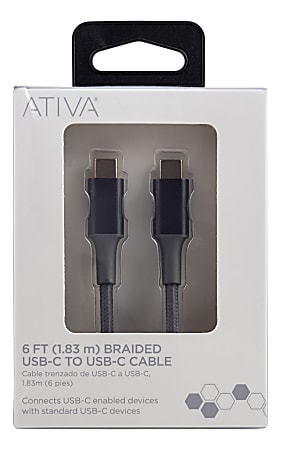 Ativa® USB-Type-C-To-USB-Type-C Premium Braided Charging Cable, 6', Gray, 45833