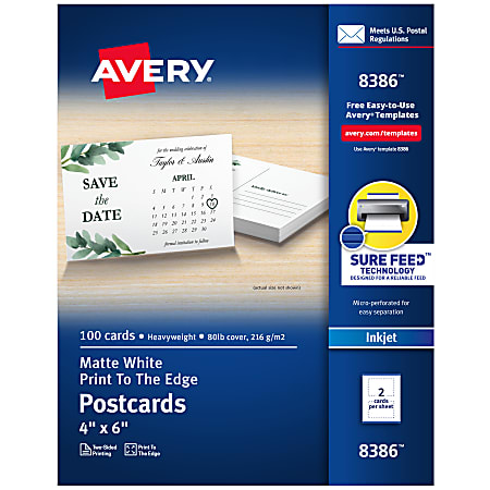 Avery® Printable Postcards With Sure Feed® Technology, 4" x 6", Matte White, 100 Blank Postcards