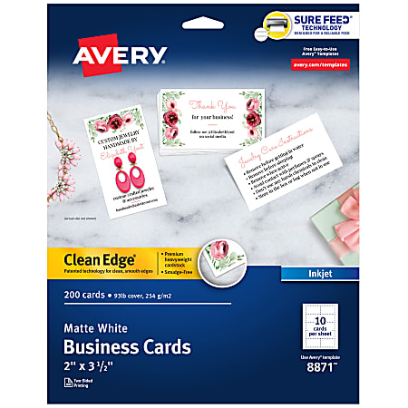 Avery® Clean Edge® Printable Business Cards With Sure Feed® Technology For Inkjet Printers, 2" x 3.5", White, 200 Blank Cards