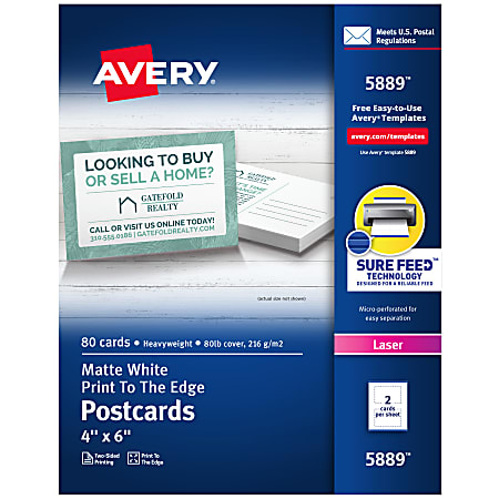 Avery® Printable Postcards With Sure Feed® Technology, 4" x 6", White, 80 Blank Postcards