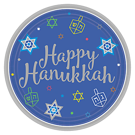 Amscan Hanukkah 8 Happy Nights 7" Paper Plates, Blue, Pack Of 72 Plates