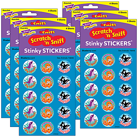 Trend Stinky Stickers, Sea Animals/Blueberry, 60 Stickers Per Pack, Set Of 6 Packs