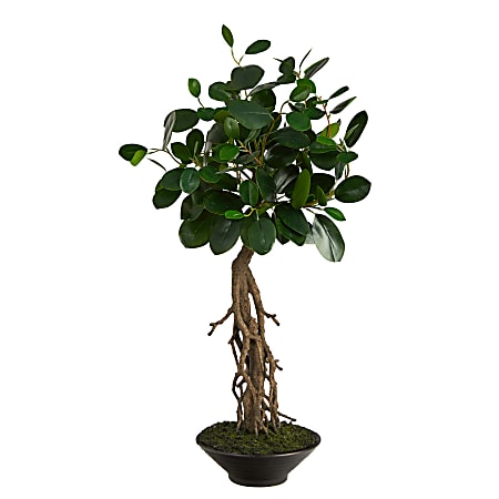 Nearly Natural Ficus Bonsai 24”H Artificial Tree With Decorative Planter, 24”H x 12”W x 12”D, Green/Black
