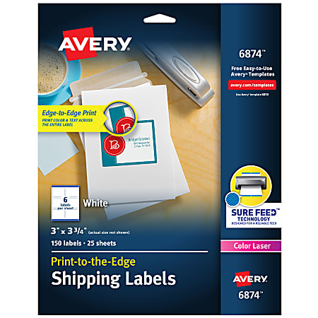 Avery® Print-to-the-Edge Shipping Labels With Sure Feed® For Color Laser Printers, 6874, Rectangle, 3" x 3-3/4", White, Pack Of 150