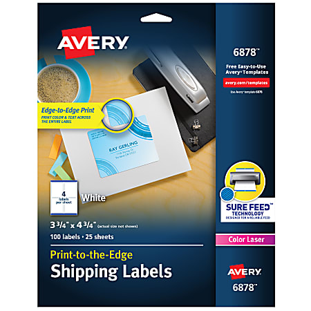 Avery® Print-to-the-Edge Shipping Labels With Sure Feed® For Color Laser Printers, 6878, Rectangle, 3-3/4" x 4-3/4", White, Pack Of 100