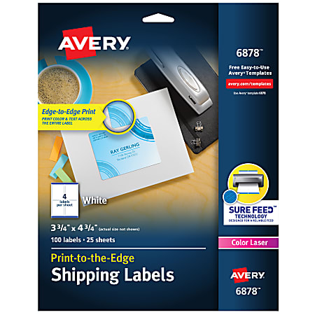 Avery® Print-to-the-Edge Shipping Labels With Sure Feed® For Laser & Inkjet Printers, 6878, Rectangle, 3-3/4" x 4-3/4", White, Pack Of 100