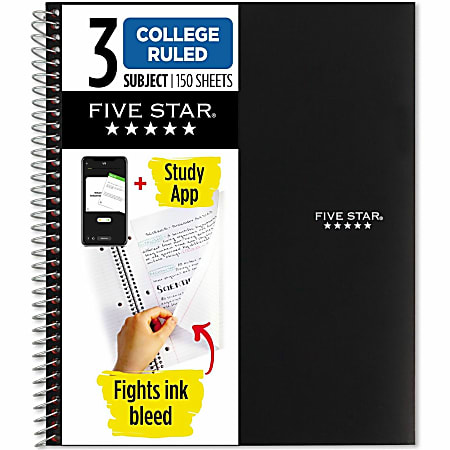 Five Star® Wire-Bound Notebook, 8.5" x 11", 3 Subject, College Ruled, 150 Sheets, Black