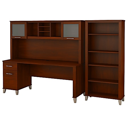 Bush Furniture Somerset 72"W Office Desk With Hutch And 5 Shelf Bookcase, Hansen Cherry, Standard Delivery