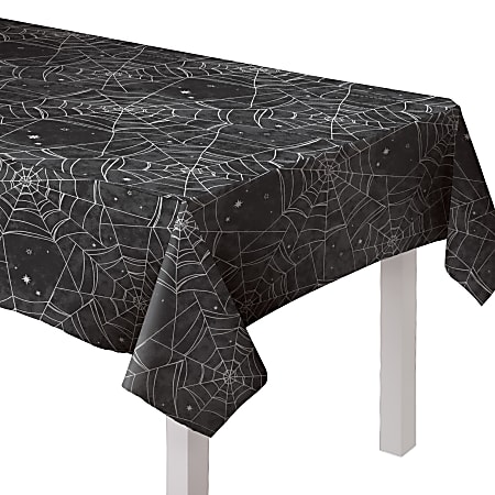 Amscan Spiderweb Night Flannel-Backed Tablecloths, 54" x 90", Black/White, Pack Of 2 Tablecloths