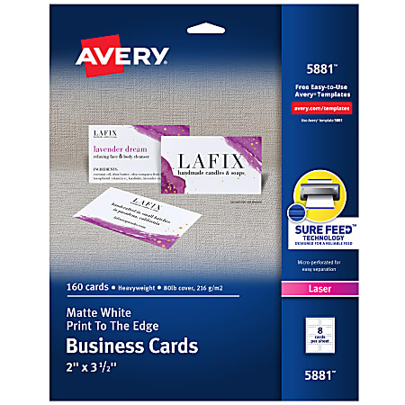 Avery® Printable Business Cards With Sure Feed® Technology, 2" x 3.5", White, 160 Blank Cards For Laser Printers
