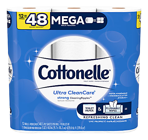 Cottonelle® Ultra Clean Care® Mega Toilet Paper, 340 Sheets Per Roll, Pack Of 12 Rolls