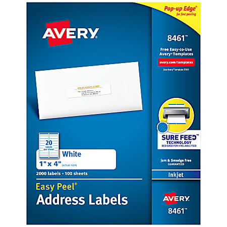 Avery® Easy Peel® Address Labels With Sure Feed® Technology, 8461, Rectangle, 1" x 4", White, Box Of 2,000