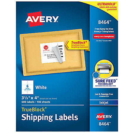 Avery® TrueBlock® Permanent Inkjet Shipping Labels, 8464, 3 1/3" x 4", White, Pack Of 600