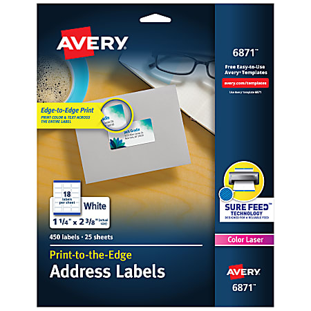 Avery® Print-To-The-Edge Permanent Address Laser Labels, 6871, 1 1/4" x 2 3/8", White, Pack Of 450