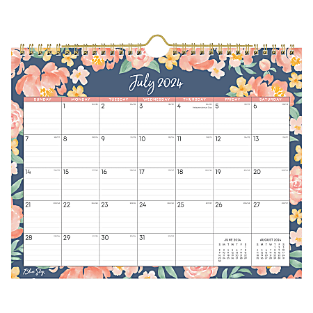 2024-2025 Blue Sky Kayla Academic Monthly Safety Wirebound Wall Calendar, 11" x 8-3/4", Navy, July to June