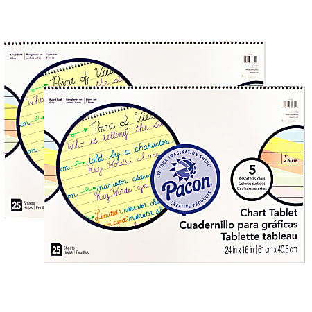 Pacon® Colored Paper Chart Tablets, Cursive Cover, 24" x 16", 1" Rule, 25 Sheets, Assorted Colors, Pack Of 2 Tablets