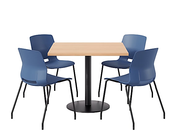 KFI Studios Proof Cafe Pedestal Table With Imme Chairs, Square, 29”H x 36”W x 36”W, Maple Top/Black Base/Navy Chairs