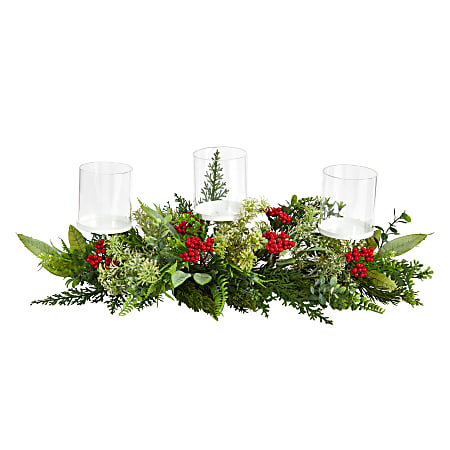 Nearly Natural 5”H Holiday Winter Greenery And Berries Triple Candle Holder Artificial Christmas Table Arrangement, 5”H x 20”W x 4”D, Clear/Green/Red