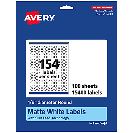 Avery® Permanent Labels With Sure Feed®, 94503-WMP100, Round, 1/2" Diameter, White, Pack Of 15,400