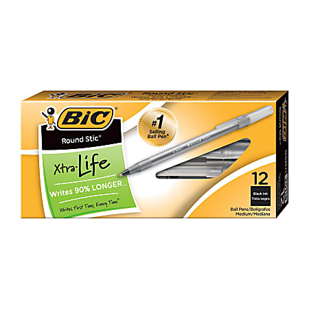 BIC Round Stic Ballpoint Pens, Medium Point, 1.0 mm, Translucent Barrel, Black Ink, Pack Of 12