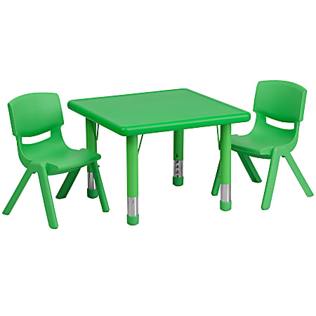 Flash Furniture Square Plastic Height-Adjustable Activity Table Set With 2 Chairs, 23-3/4" x 24", Green