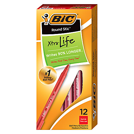 BIC Round Stic Ballpoint Pens, Medium Point, 1.0 mm, Translucent Barrel, Red Ink, Pack Of 12