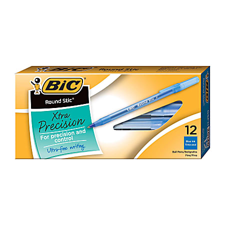 BIC® Round Stic® Ballpoint Pens, Fine Point, 0.8 mm, Translucent Barrel, Blue Ink, Pack Of 12